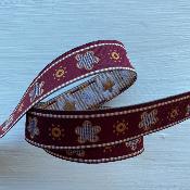 Ruban tissé fleurs fond bordeaux