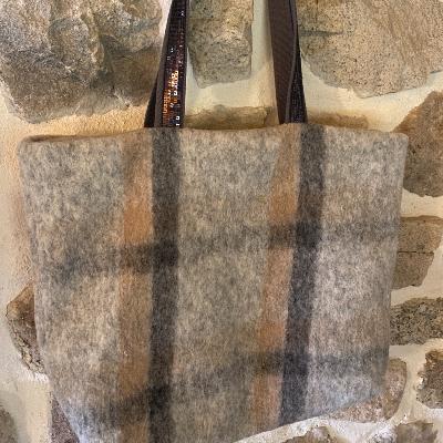 Mélange laine/polyester écossais - Gris beige