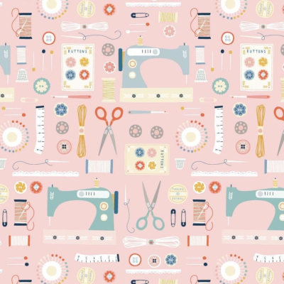 Tissu coll.hobbies - sewing kit on pink