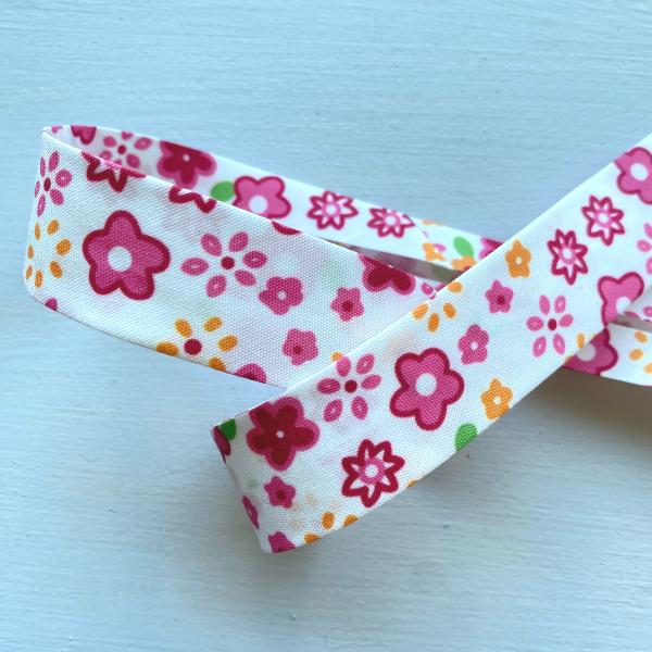 Biais Fleurettes fuschia et orange, fond blanc