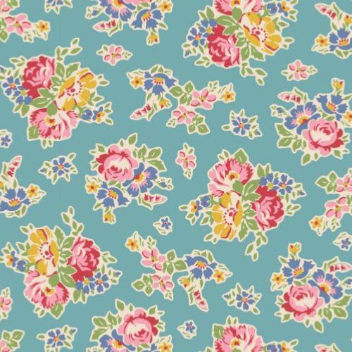 Tissu Sue floral blue teal - Collection Jubilee