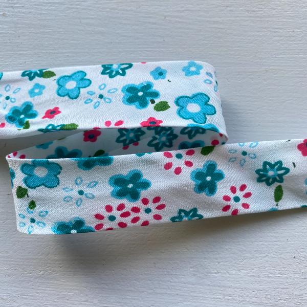 Biais Fleurettes turquoise, fond blanc