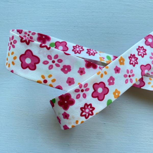 Biais Fleurettes fuschia et orange, fond blanc